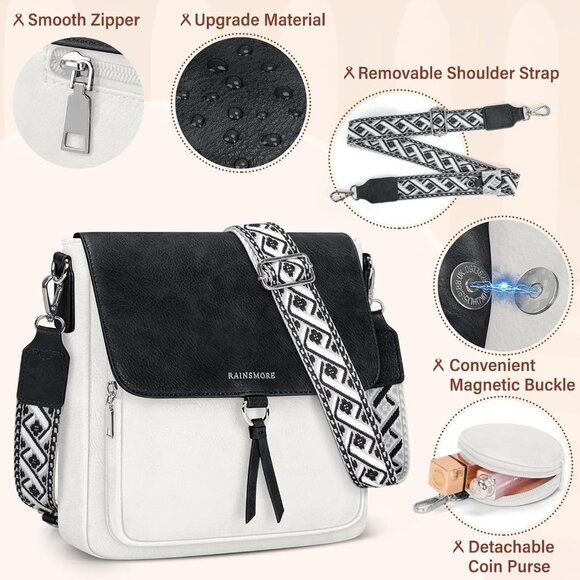 🆕 Women White PU Leather Crossbody Purses Adjustable Wide Strap Shouler Bag - Picture 5 of 8